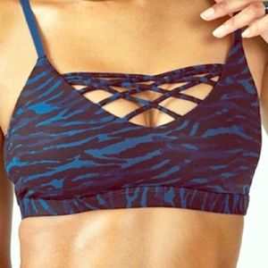 Fabletics black and blue zebra print sports bra